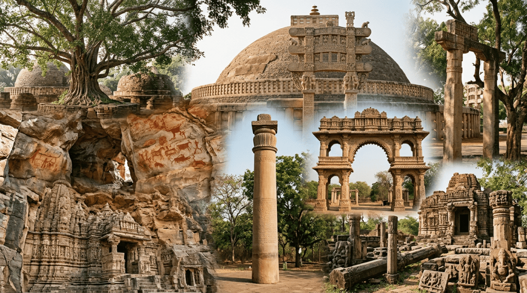 Collage of ancient Indian stupas, temples, rock paintings, gateways, and stone carvings